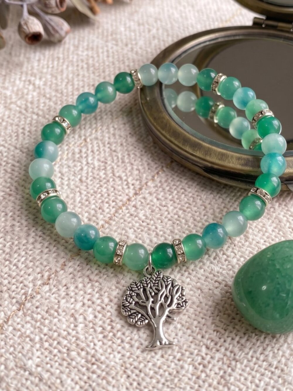 3/$20 New Handmade Green Tree of Life Glass Beaded Stretch Bracelet Silver Charm